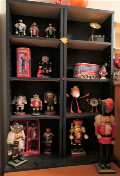 Pair of Black Shelves with All Contents Included - Nut Crackers, Tins, Phonograph Music Box, and Santa Figures - Each Shelf Measures 36" tall 12" by 6" 
