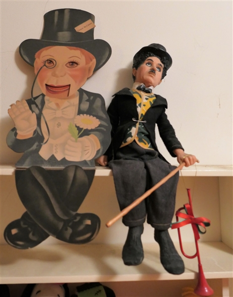 Cardboard Charlie McCarthy Cutout/ Shelf Sitter and 1972 Bubbles Charlie Chaplain Doll 