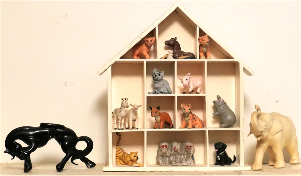 Collection of Miniature Animals in Wood Display, Art Glass Horse Figure, and Plastic Japan Elephant with Broken Tusk
