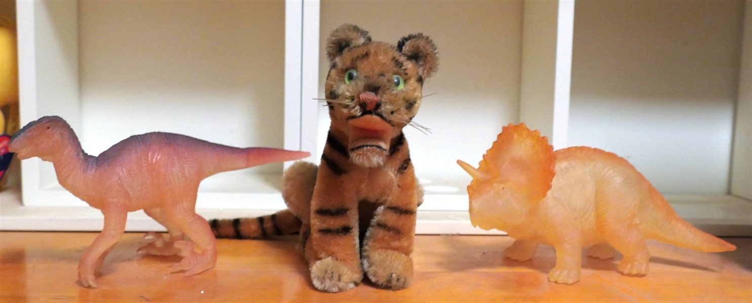 Stuffed Mohair Tiger and 2 Plastic Toy Dinosaurs - Tiger Measures 5 1/2" Tall 