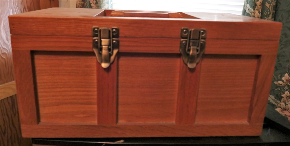 Nice Modern Oak Wood Tool Chest with Felt Lined Top and Lift Out Tray - With Tools Inside - Measures 8" Tall 16" by 17 3/4" 