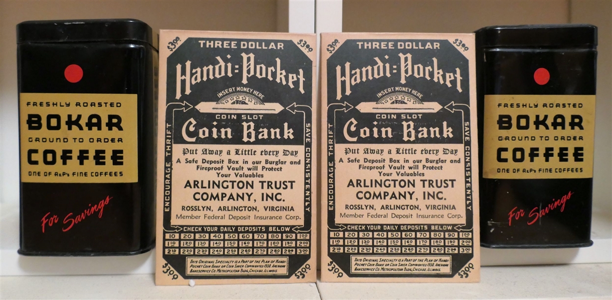 2 Bokar Coffee Tin Banks and 2 Handi-Pocket Coin Banks From The Arlington Trust Company - Arlington VA