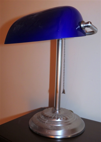 Desk Lamp with Blue Case Glass Shade - Measures 14" Tall 