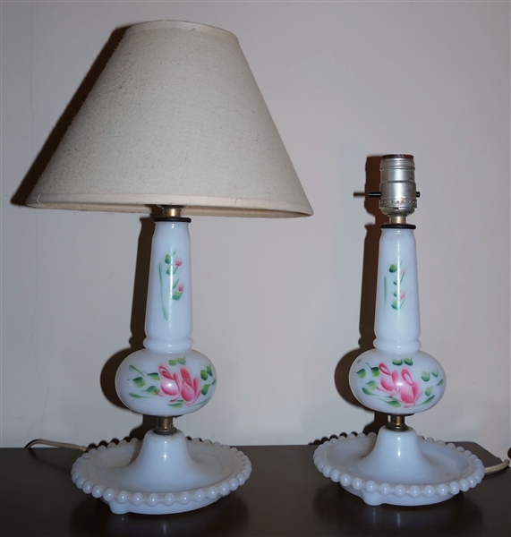 Pair of Hand Painted Milk Glass Lamps Measuring 12" Tall 