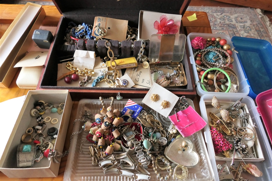 Large Lot of Costume Jewelry including Rhinestones, Earrings, Pins, Sweater Clips, Christmas Jewelry, Necklaces, and More