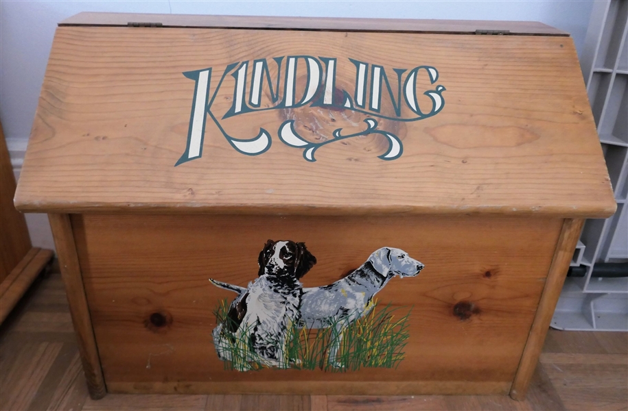 Wood Kindling Box with Dogs Painted on Front - Measures 17" tall 23" by 10 1/2"