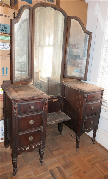 1930s Mahogany Vanity with Movable 3 Way Mirror - Some Finish Issues - Measures 68" tall 45" by 18" 