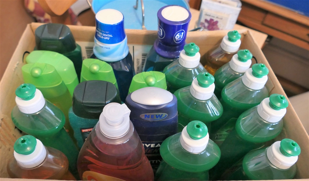 Box Lot of NEW Dish Detergent, Shampoo, and Mouthwash 