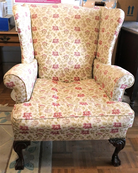 Wing Back Chair with Ball and Claw Feet Floral Upholstery - Measures 38" tall 38" by 28" 