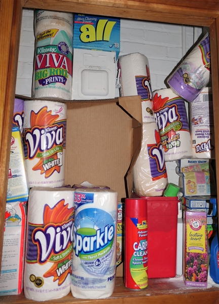 Contents of Cabinet including New Rolls of Paper Towels, Carpet Cleaner, Etc. 