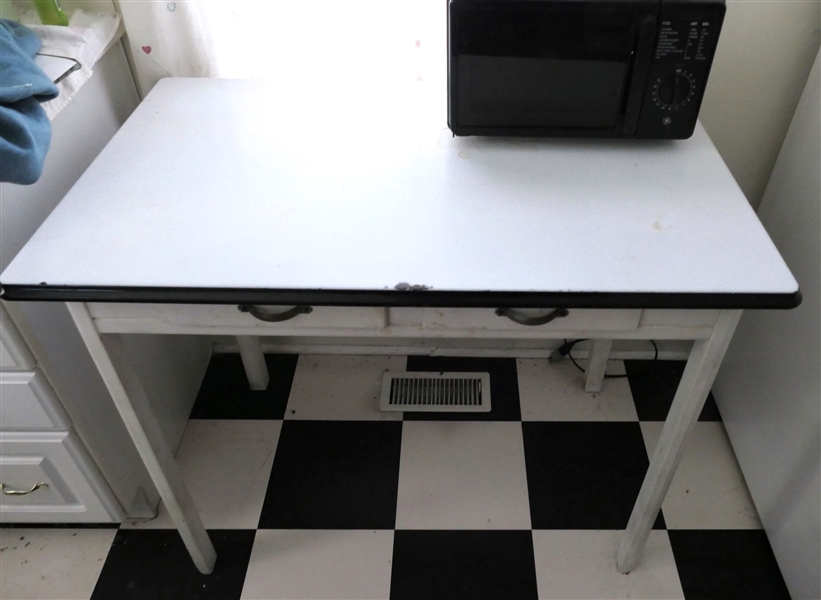 Black and White Enamel Top Table with Double Drawers - Measures 32" Tall 40" by 25"