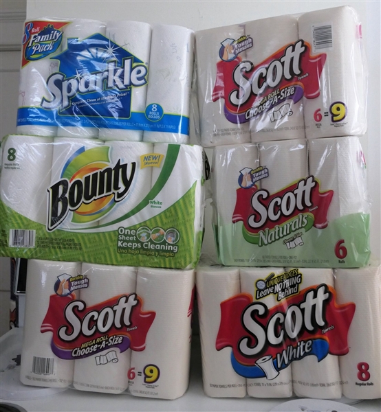 6 Brand New Packs Of Paper Towels - Bounty, Scott, and Sparkle 