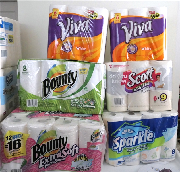 6 Brand New Packs of Paper Towels - Bounty Large Pack, Sparkle, Scott, and VIVA 