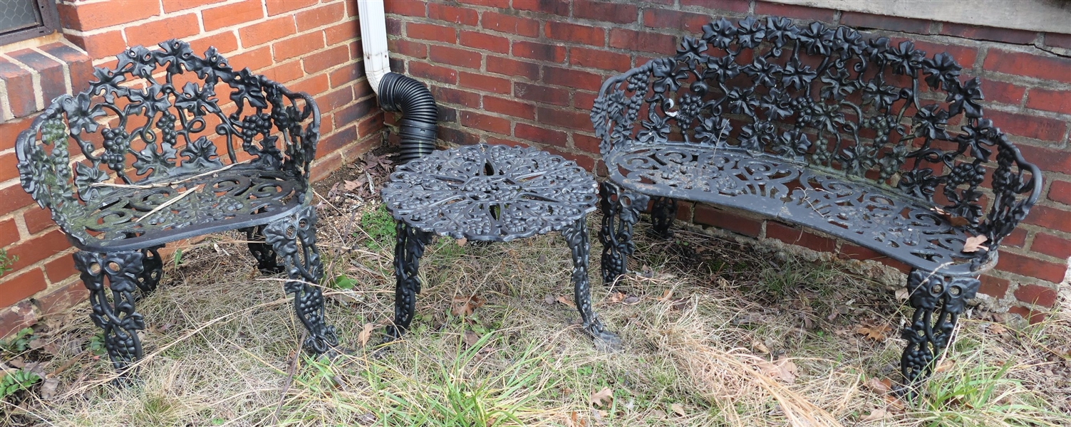 3 Piece Cast Iron Grapes and Leaves Garden Set -  Settee, Table, and Chair - Table Measures 14" Tall 20" Across