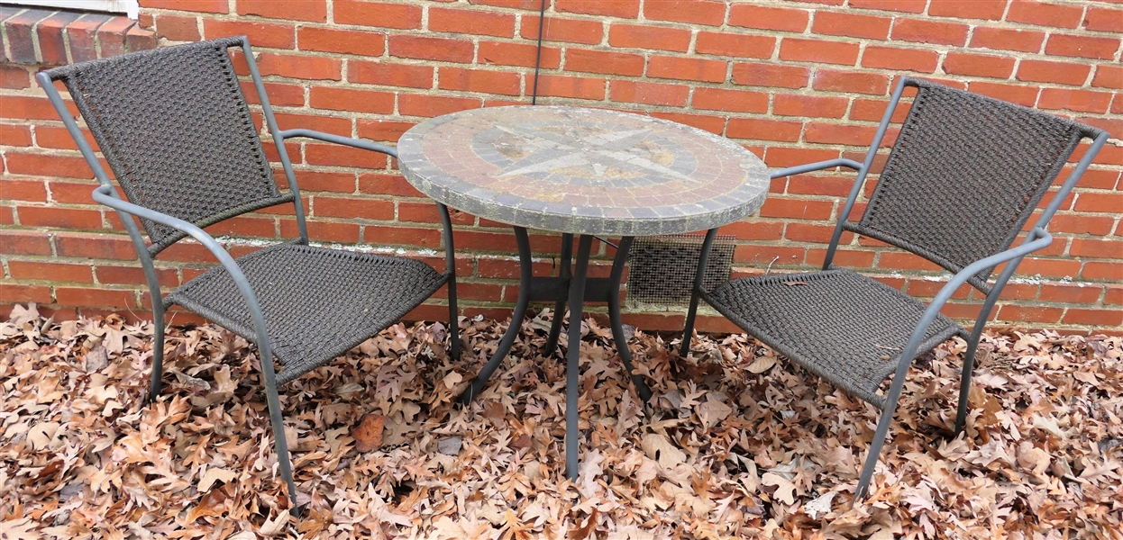 Patio Table and Chair Set - Table Has Stone Mosaic Top - Chairs Have Woven Back and Seats - Table Measures 29" Tall 30" Across