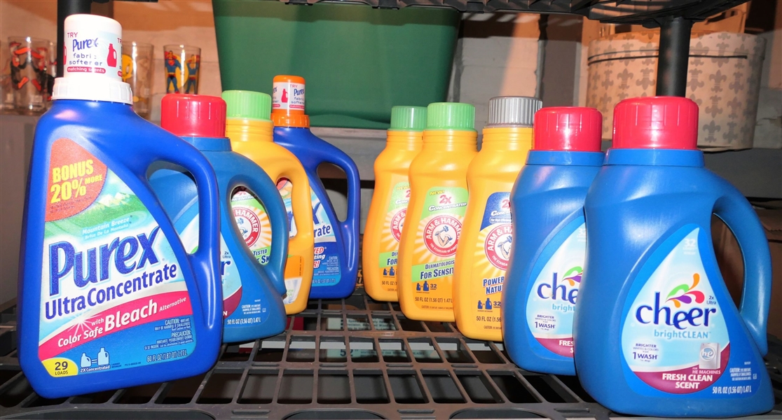 9 Brand New Bottles of Laundry Detergent - Purex, Arm & Hammer, Cheer 