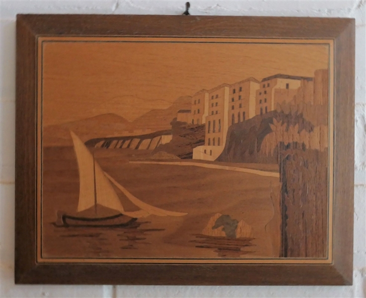 Italian Wood Inlaid Plaque with Sail Boat Scene - Measures 9" by 11 1/4"