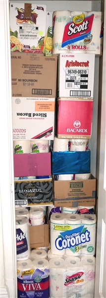 Closet Full of Brand New Packs of Paper Towels - Many Many Rolls - Each Cardboard Box Is Full of Paper Towels 