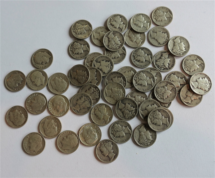 50 Silver Dimes -11 Roosevelt and 39 Mercury - Coins Are Directly From the Estate and Have Not Been Searched or Sorted