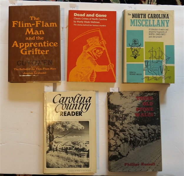 5 Books - "These Old Stone Walls" by Phillips Russell, "Carolina Country Reader" by James A. Chaney, Editor, "The North Carolina Miscellany" Edited by Richard Walser - University Of North Carolina...