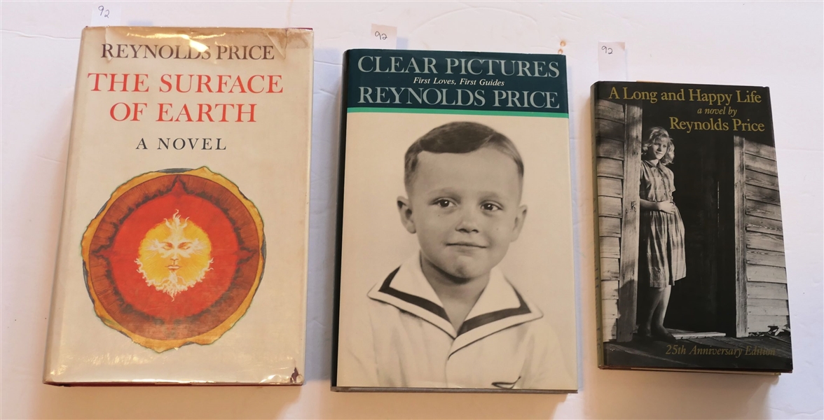 3 Hardcover Books with Dust Jackets by Warrenton Author Reynolds Price - "The Surface of Earth" First Edition, "Clear Pictures First Loves, First Guides" and "A Long and Happy Life" 25th...