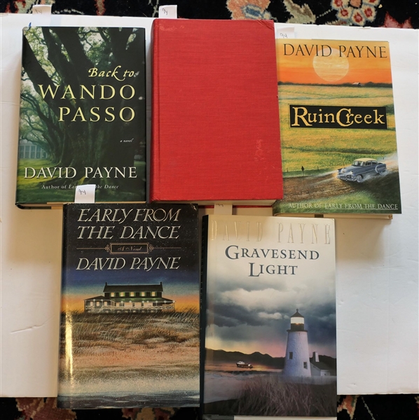 5 Hardcover Books by Henderson NC Author David Payne - "Confession of a Taoist on Wall Street", "Back to Wando Passo" Author Signed and Inscribed, "Early From The Dance" First Edition, "Ruin Creek"...
