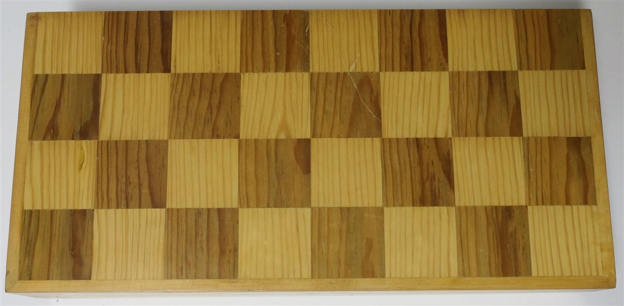 32 Piece Chess Set with Inlaid Wood Checkerboard Box - Carved Pieces - In Original Wrapping 