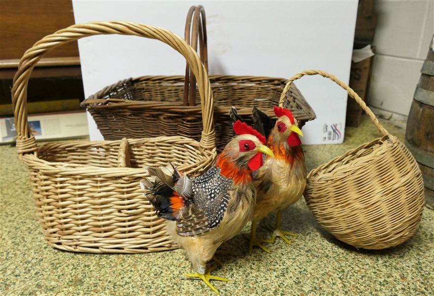 3 Baskets and 2 Battery Operated Chickens with Feathers - Largest Basket  Measures 9" tall 7" by 12" Not Including Handle