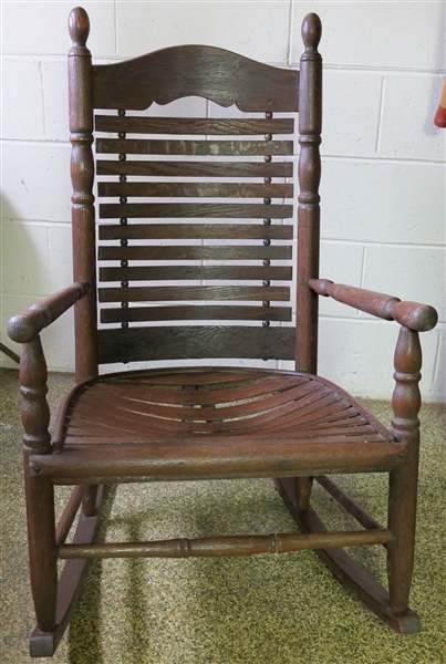 Unusual Oak Rocker with Wood Slat Back and Seat - Back and Seat Are Both Curved - Chair Measures 39" tall 24" by 20" 