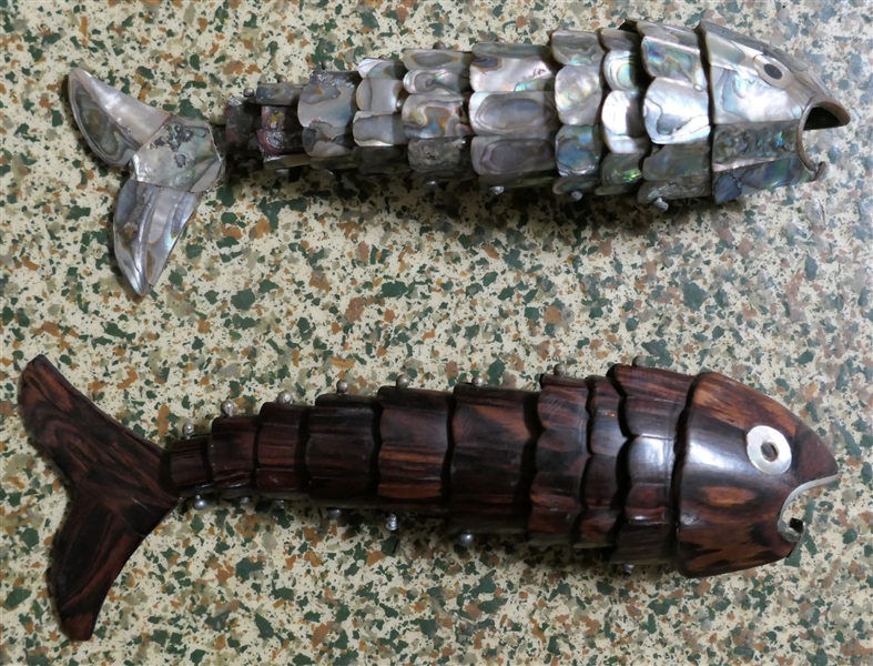2 - Articulated  "Wiggly" Fish Bottle Openers - 1 is Abalone Covered and Other Wood Covered with Abalone Eyes - Wood Fish Measures 8" Long