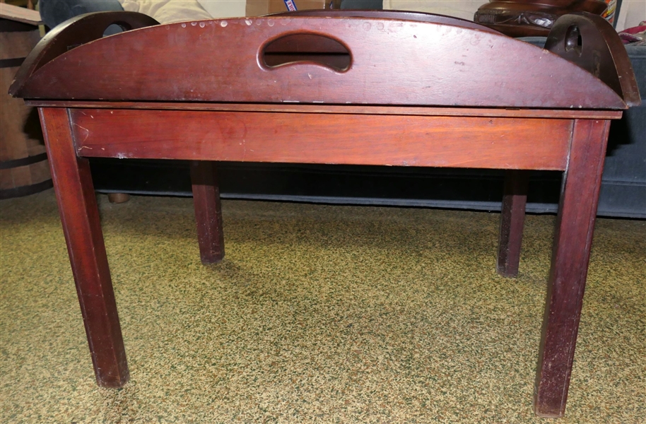 Mahogany Butlers Coffee Table - Faux Tray Top - Chamfered Legs - Measures 17" tall 27" by 19" 