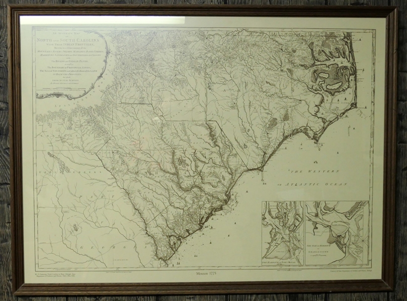 "An Accurate Map of North and South Carolina with their Indian Frontiers" From Actual Surveys - W.P. Cumming - North Carolina in Maps - 1966 -Framed Map - Frame Measures 26 1/2" by 36" 