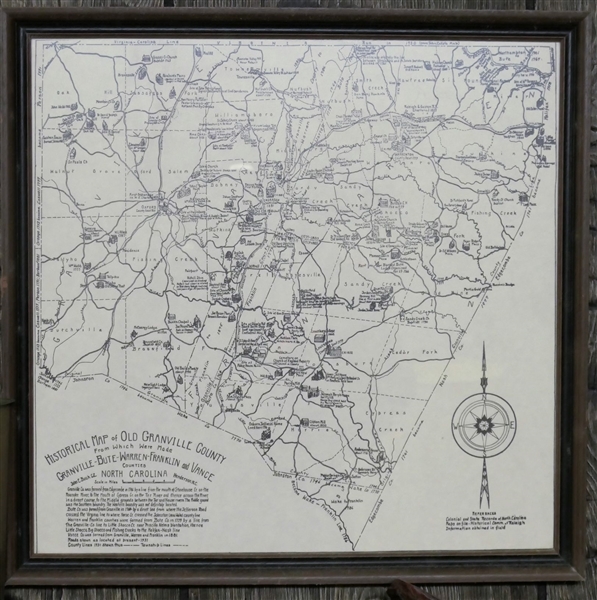"Historical Map of Old Granville County" John E. Buck - Henderson, NC - Reprint of 1931 Map - Framed - Frame Measures 15 1/2" by 16"