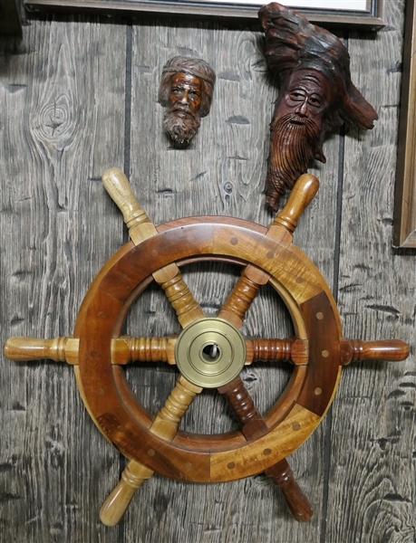 Replica Ships Wheel and 2 Wood Carved Faces - Wheel Measures 18" Across