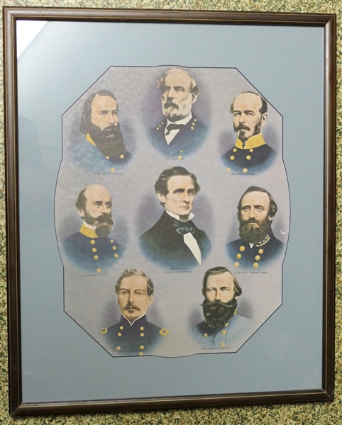 Framed and Matted Print Depicting the Confederate Civil War Generals and President Jefferson Davis - Frame Measures 24" by 20 1/2" 