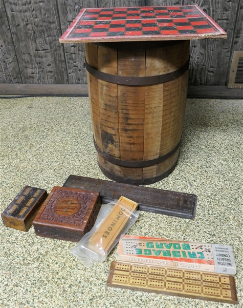 Wood Keg Table with Checkerboard Top with Cards, Dominos, Games, Etc. 