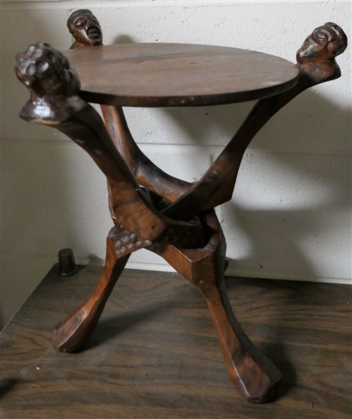Polynesian Wood Carved Folding Table with Carved Heads Supporting Table Top - Measures 14" tall 13" Across