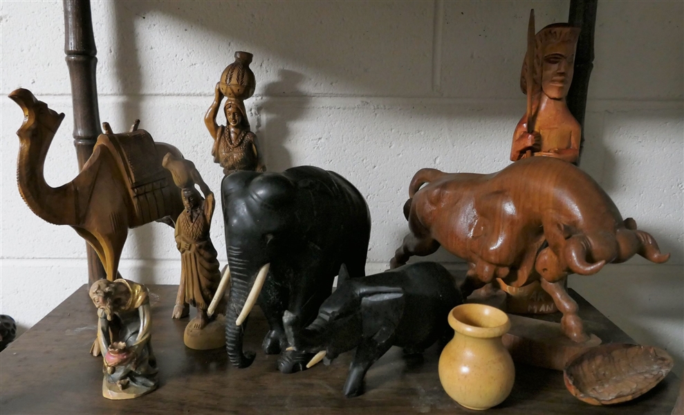 10 Wood Carvings including Bull, Vase, Elephants, Camel, and Women - Bull Measures 7" tall 10" Long