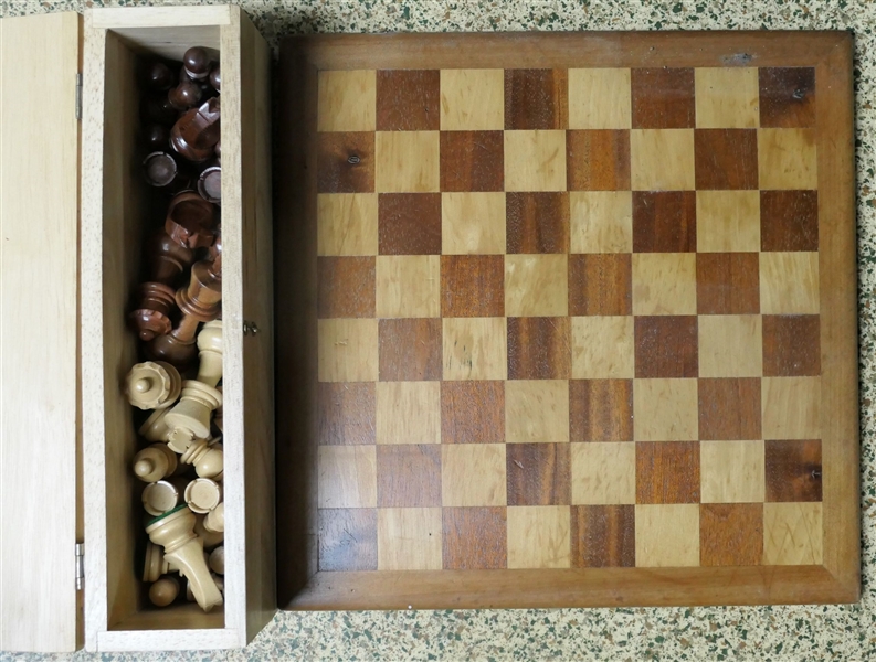 Birdseye Maple and Walnut Chess Board with Box of Wood Chessmen - Board Measures 14 1/2" by 14 1/2" 