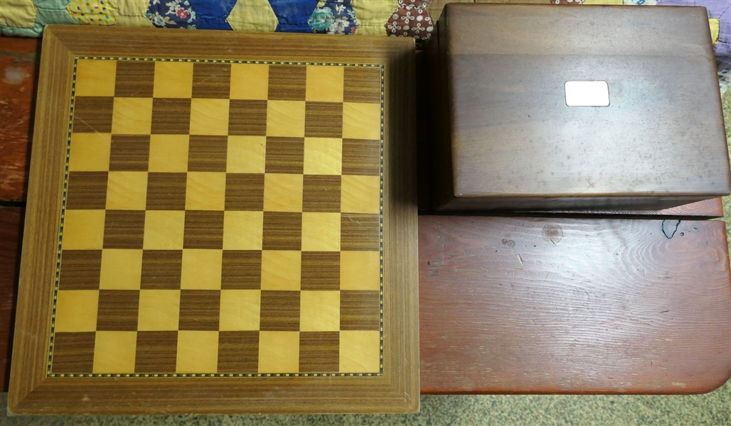 Nice Chessboard with Inlaid Band and Set of Stone Carved Chessmen - Chessmen are inside a Lined Tobacco Humidor - Chessboard Measures 16" by 16"