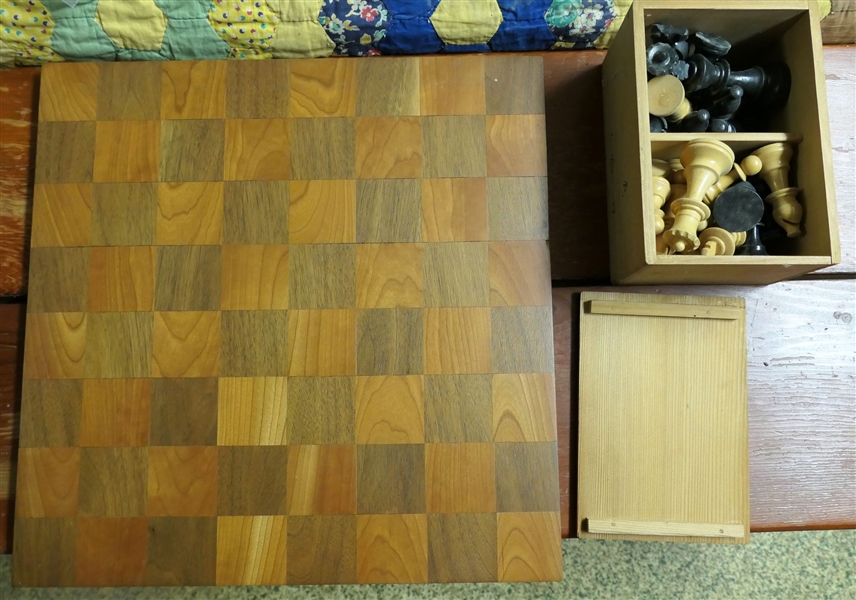 Hand Crafted Wood Chessboard with Box of Wood Chessmen - Board Measures 15 1/2" by 15 1/2" 