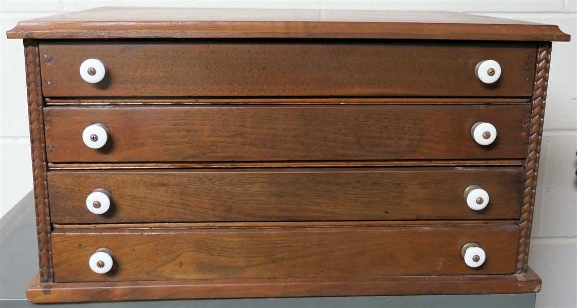 Walnut 4 Drawer Spool Cabinet with Porcelain Knobs - No Inserts - Carved Details on Front - Measures 12" tall 22" by 15 1/2" 