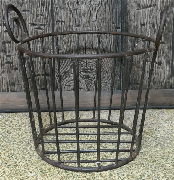 Unusual Iron Basket with Scrolled Handles - Measures 14" tall 14 1/2" Across including Handles