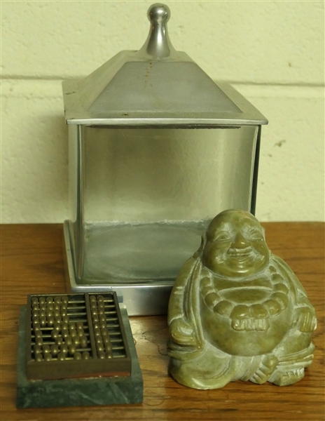 Jade/ Stone Carved Buddha in Glass and Pewter Box and Brass and Marble Abacus - Glass Box Measures 7" tall 4 1/4" by 4 1/4" - Buddha Measures 3 1/4" Tall 