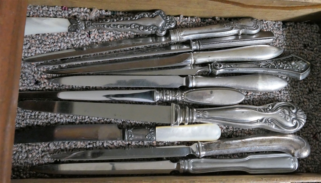 9 Sterling Silver Handled Letter Openers, 1 Reed & Barton Pewter, and 1 Gorham EP - Sterling include Webster, Gorham, Mother of Pearl Blades, and Handles - Some Monogrammed "A"