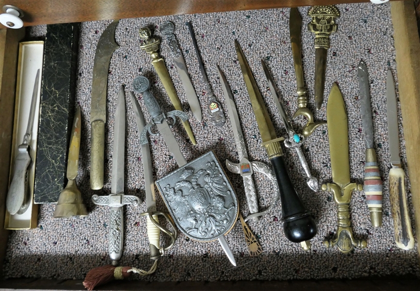 11 Letter Openers including Italian, Brass, Germany, Kansas, Stag Handle, Replica CSA Sword, and Others
