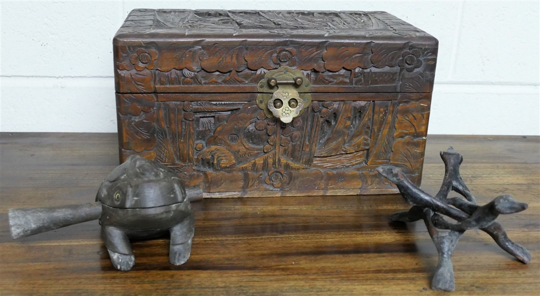 Polynesian Wood Carved Box with Carved Frog and Bowl Holder - Box Has Carved Ship Scenes on All Sides - Measures 6" tall 12" by 7" 