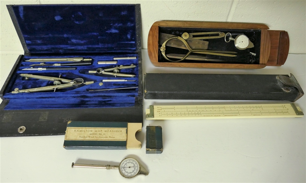 Group of Measuring Instruments including Hamilton Map Measurer in Original Box - Mod. 33, Velvet Lined Wood Box with Brass Instruments including Keuffel & Esser Map Measurer, French Map Measurer,...