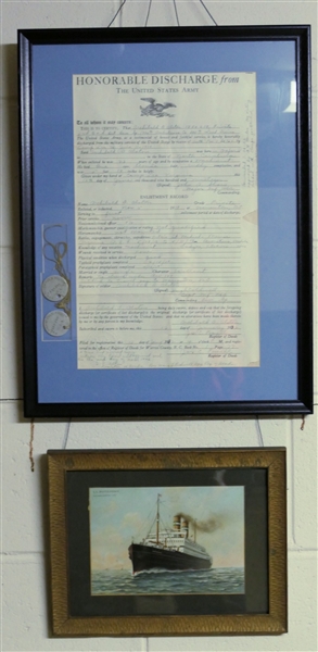 United States Army Discharge Document from Archibald Alston - Enlisted 1918 and Discharged 1932 - Framed with Original Dog Tags - Also including S.S. Rotterdam (Holland America Line) Print Framed...