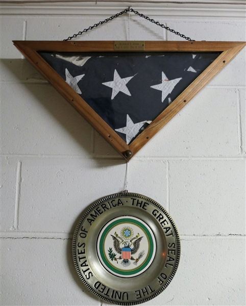 Archibald D. Alston American Flag Folded in Wood and Glass Case and The United States Seal Plaque - US Plaque Measures 11" Across